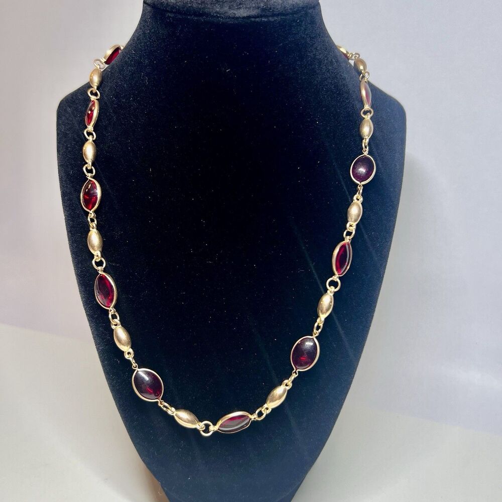 Gold Tone Red Acrylic Bezel Set Necklace Long 28.5" Holiday Fashion Jewelry